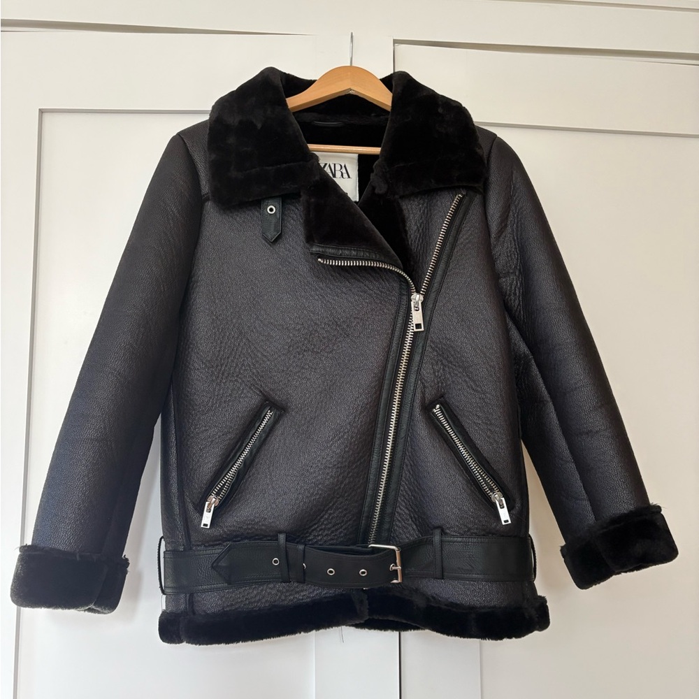 Zara Black Faux Leather Jacket with Faux Fur Lining